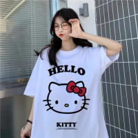 Camiseta De Algodón Kawaii Hello Kitty Para Niños Y Mujeres Estilo Y2K Coreano Manga Corta Cuello Redondo Oversized Para El Verano Moda Para Parejas - details 0