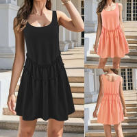 Vestido De Playa Para Mujer Con Encaje Y Sin Mangas Estilo Europeo Y Americano Dulce Y Claro De Color Sólido Para Verano Vestido De Cintura Alta Con Cuello En V Y Manga Corta - details 0