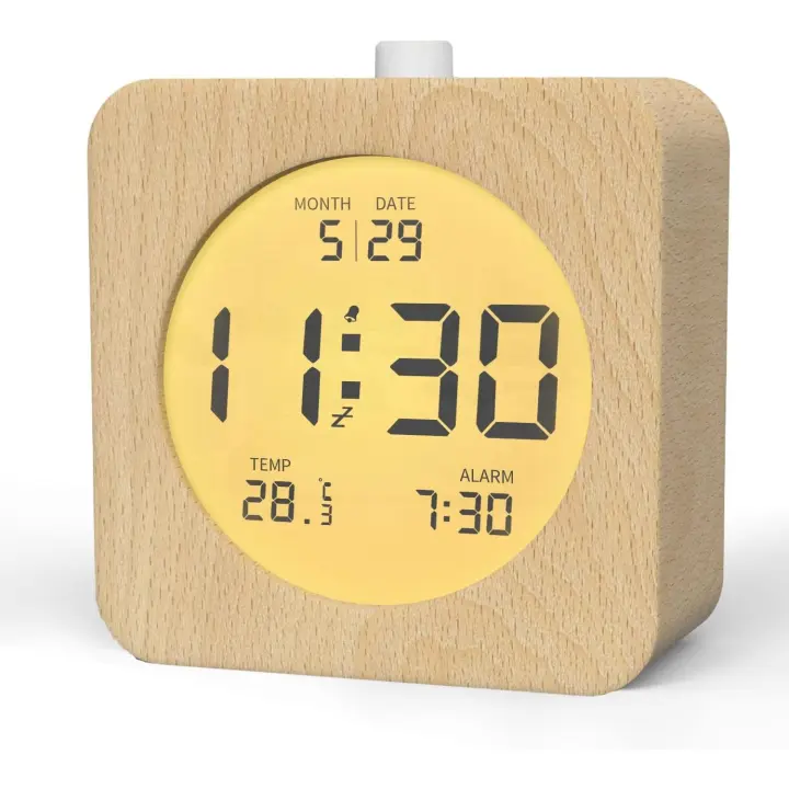 Reloj despertador digital, reloj despertador de madera con pantalla LCD, función de repetición, luz nocturna, cuadrado - 1