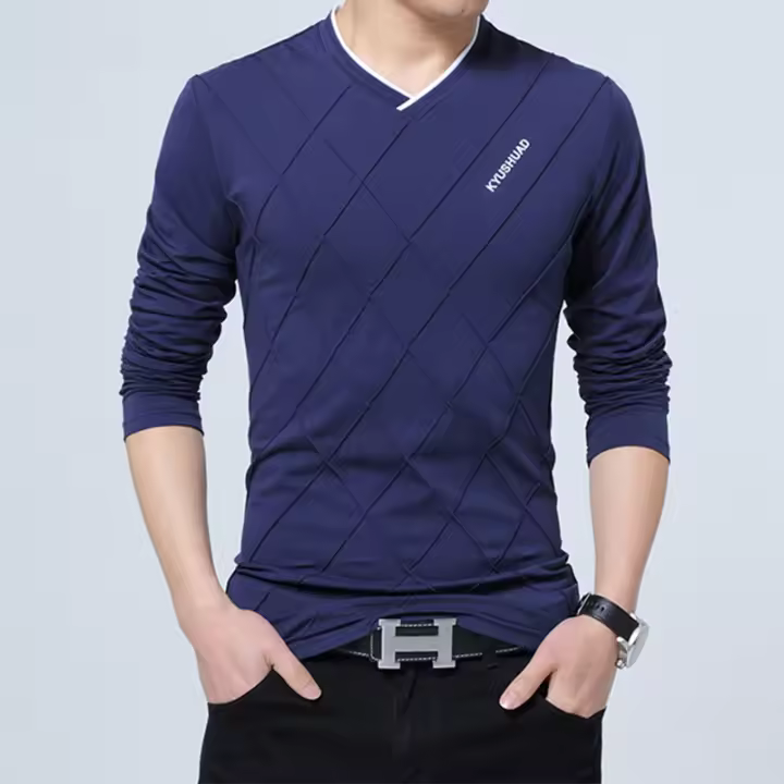 Camiseta De Manga Larga Para Hombre Estilo Casual Slim Fit Con Cuello En V Moda Harajuku Ropa Deportiva Camisetas Top Para Todas Las Estaciones - 1