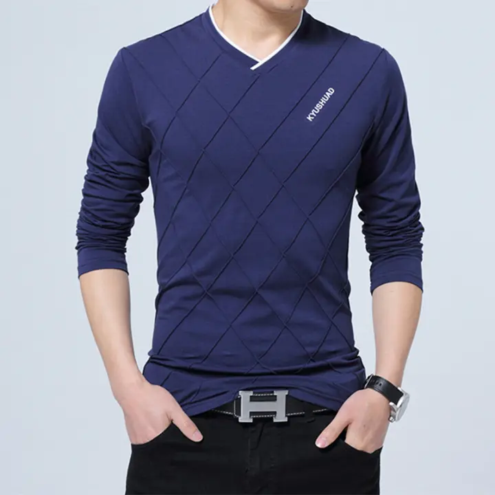 Camiseta De Manga Larga Para Hombre Estilo Casual Slim Fit Con Cuello En V Moda Harajuku Ropa Deportiva Camisetas Top Para Todas Las Estaciones - 1