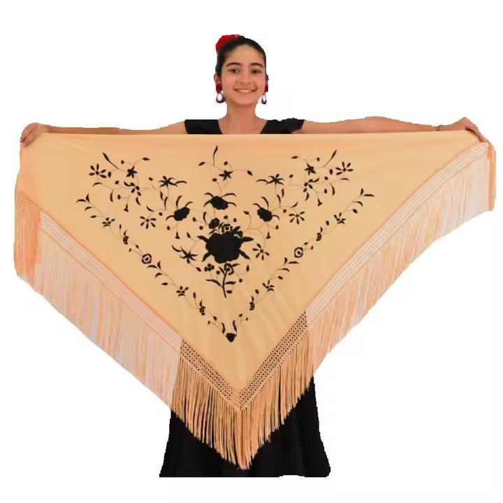 Mantón Mediano Melocotón con Bordado Negro Anuka - 1