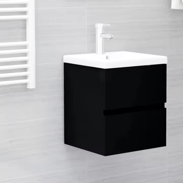 vidaXL Mueble con lavabo madera contrachapada en color Negro/Roble ahumado/Blanco y más | almacenamiento funcional diseño moderno para baño dormitorio sala - 1
