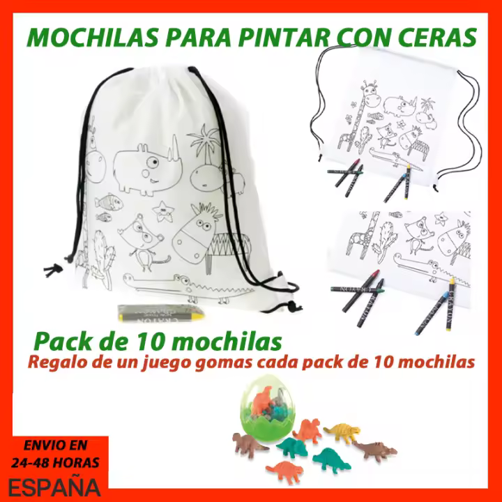 Siglo21publicidad Mochila para Colorear con Ceras. Packs de 10-50 Pcs para Fiestas y Eventos Infantiles. - 1
