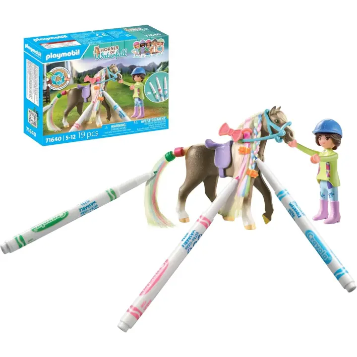 PLAYMOBIL Horses of Waterfall 71640 Set de Caballos Lavables, Incluyendo una Figura, un Caballo y Tres marcadores Crayola, Juguetes artísticos para niños y niñas a Partir de 5 años - 1