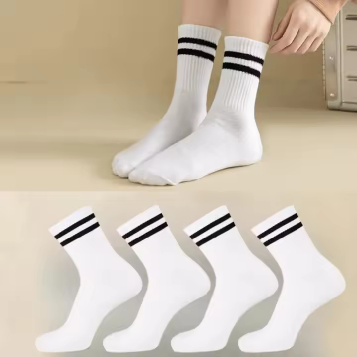 4 Pares De Calcetines Casuales Para Mujer De Medio Tamaño Con Estampado Rayado Negro Y Blanco Transpirables De Alta Calidad - 1