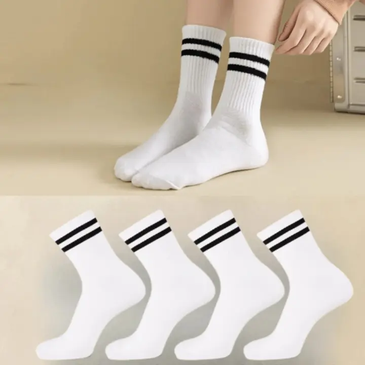 4 Pares De Calcetines Casuales Para Mujer De Medio Tamaño Con Estampado Rayado Negro Y Blanco Transpirables De Alta Calidad - 1