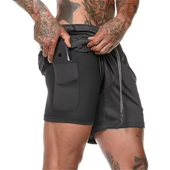 Shorts De Gimnasio Para Hombre Con Bolsillos Y Cremallera 2 En 1 Secado Rápido Fitness Bodybuilding Deportiva Ropa De Playa - 1