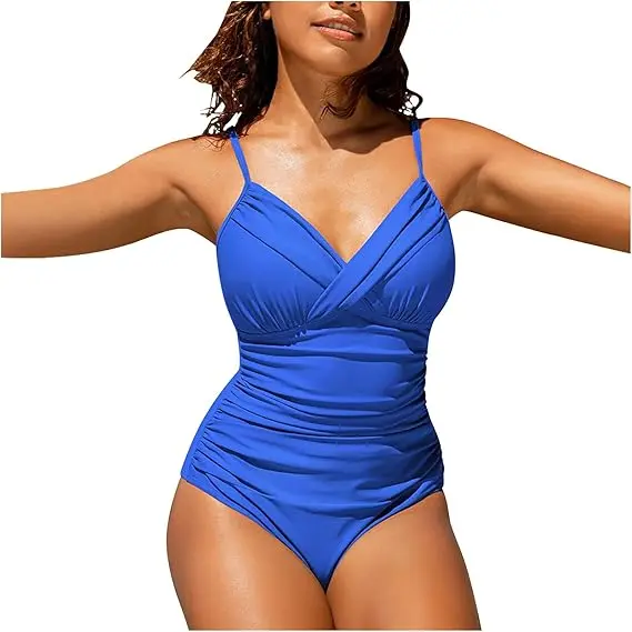 Bañador sexy de una pieza, tirantes delicados con cuello en V para mujer, fruncido y control abdominal. - 1