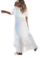Vestido Casual Para Mujer Con Hombros Descubiertos Manga Corta Cintura Media Bordado De Encaje Color Sólido Irregular Vestidos - details 0