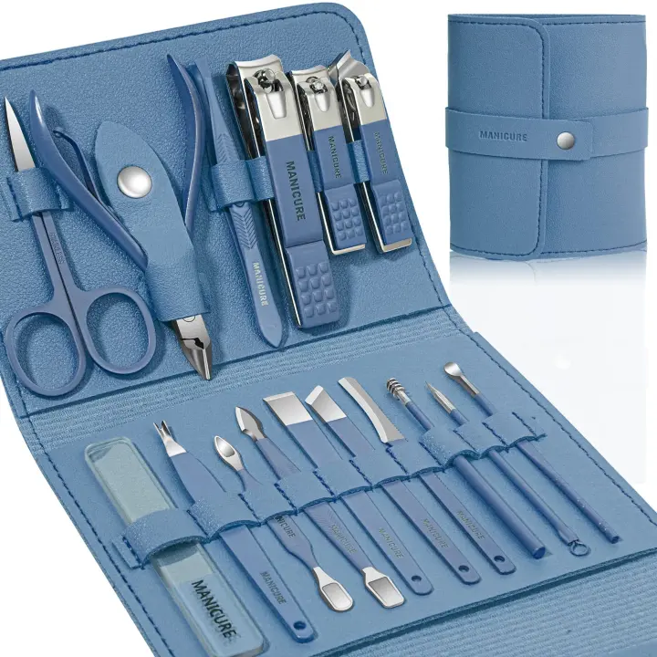 Juego de manicura y pedicura profesional, cortaúñas, 17 piezas, herramientas de acero inoxidable para el cuidado de las uñas, kit de cuidado (azul) - 1