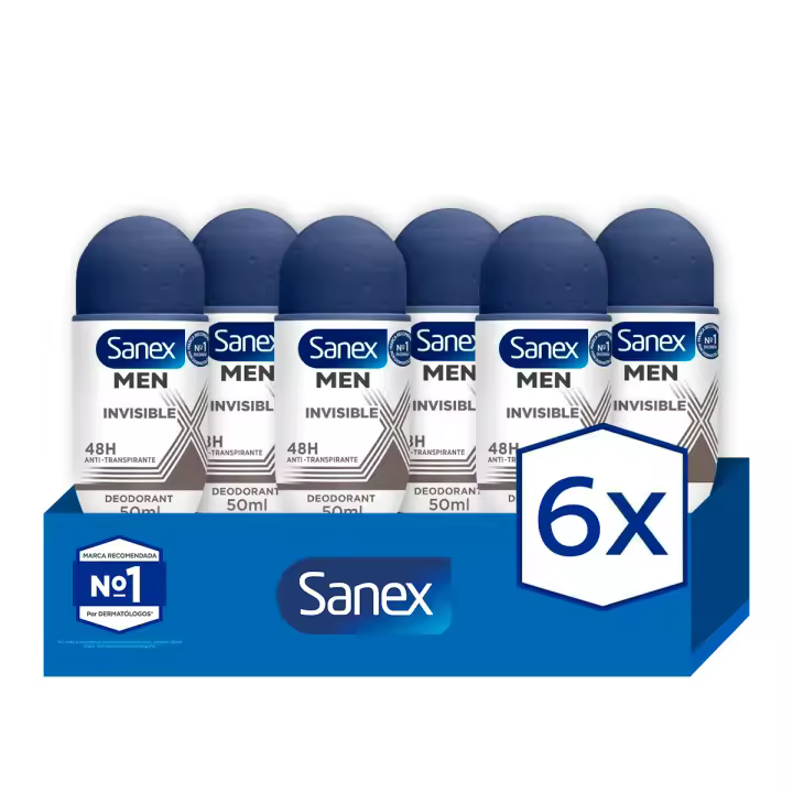 Desodorante roll-on para hombre Sanex Men Dermo Invisible 48h antitranspirante 50ml. Pack 6 - 1