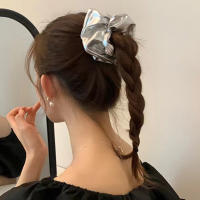 Scrunchies De Metal Plateado Tamaño Medio Cinta Elástica Para El Cabello Accesorios Para Mujer Headwear Diario Moda Femenina - details 3