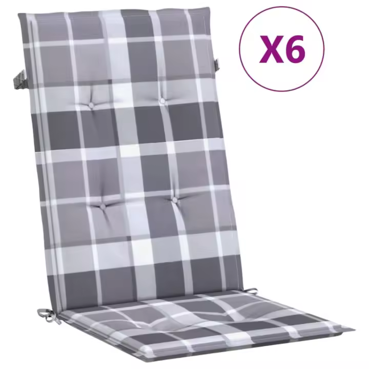 Cojín Silla Jardín respaldo alto 6 UDS Cuadros gris 120x50x3 cm - 1