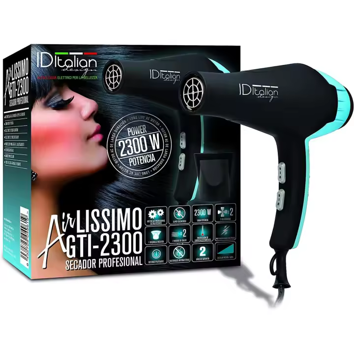 Italian Design - Secador de Pelo Profesional Ultra Silencioso Airlissimo GTI-2300 con 2 Modos de Calor, 2 Velocidades, 2 Boquillas Concentradoras y Potencia de 2300W - Dimensiones 24,5 x 26 x 10,5 cm - Peso 780 gramos - Color Turquesa y Negro - 1