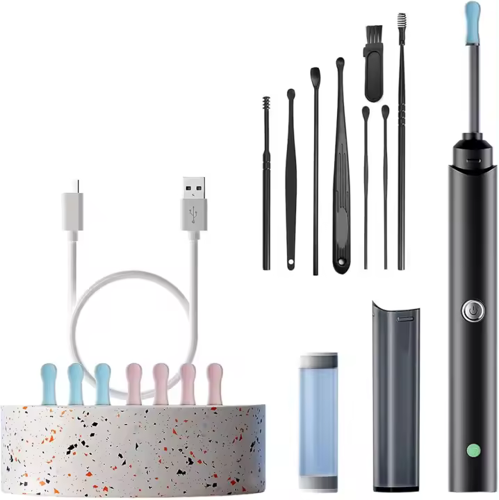 Limpiador de oídos HD con cámara. Eliminación de cerumen segura y suave. Incluye 7 puntas de silicona reemplazables. Eficaz y fácil de usar (negro + herramienta). - 1