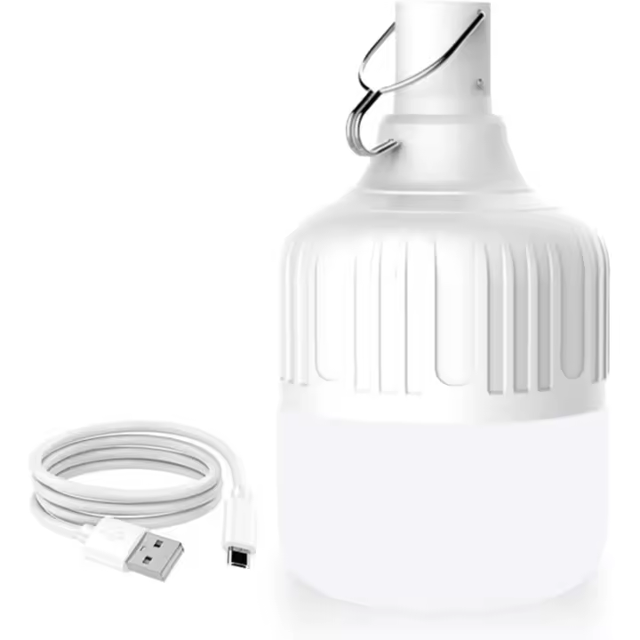 Bombilla LED de emergencia, Bombilla LED DE EMERGENCIA recargable por USB de 100W with 5 Modos de iluminación, Bombilla LED DE EMERGENCIA recargable portáthil with Gancho para Tienda de campaña de picnic al Baire libre - 1