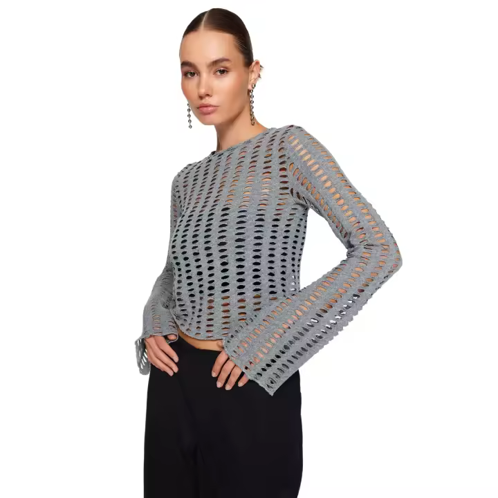 Trendyol Ecru Mesh Spanish Sleeve Slim Fit Crop Crew Neck Knitted Blouse Twoaw24Bz00279 - 1