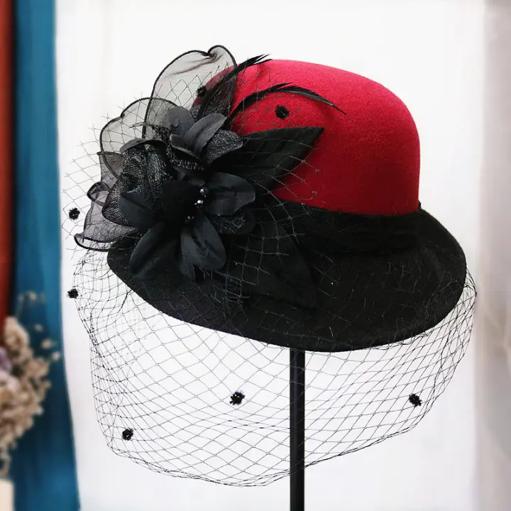 Sombrero Trilby Floral Para Mujer Estilo Británico Hepburn Moda Francesa Invierno Caliente Casual Fiesta Capa De Lana - 1