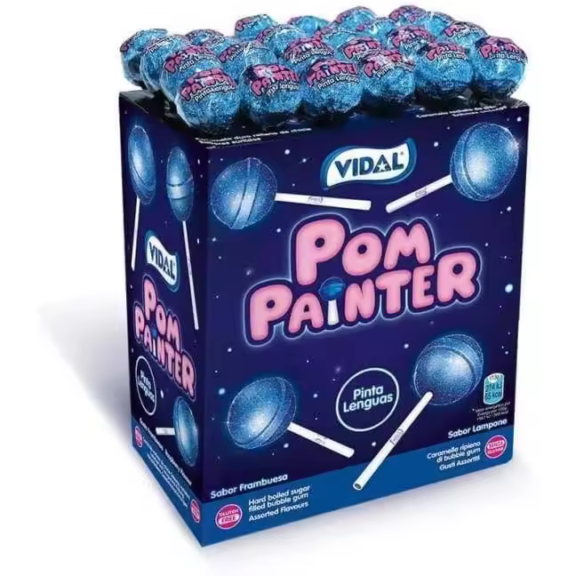 Vidal Golosinas. Pom Painter, caramelo con palo color azul Pintalenguas sabor Frambuesa ácida. Estuche de 100 unidades - 1