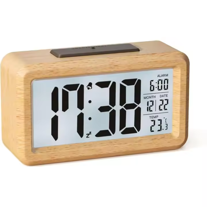 Despertador digital, despertador de madera a pilas con pantalla LCD grande, fecha, temperatura, sensor de luz automático, función de repetición - 1