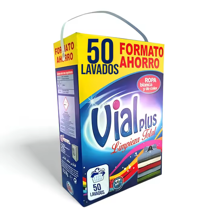 Vialplus Detergente 50 Lavados Limpieza total 2520 gr Maleta 50 Lavados Ropa Blanca y de Color Poder Quitamanchas - 1
