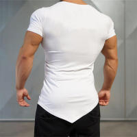Camiseta De Algodón Para Hombre Con Cuello En V Y Manga Corta Transpirable Y Ajustada Para Gimnasio Y Entrenamiento Estilo Casual Con Bajo Irregular - details 9
