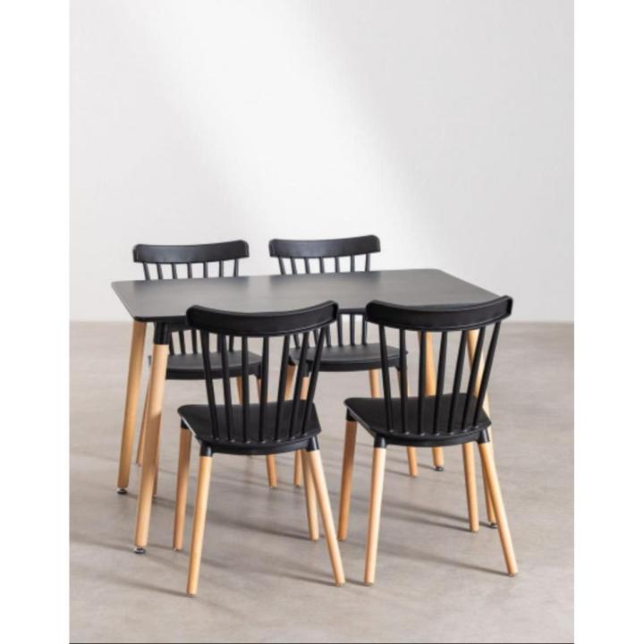 ORION91 Conjunto ALCIONE Mesa Rectangular (120x80x75 cm) + 4 Sillas Color Negro🖤Patas Haya (83x48x52,5 cm) Comedor, Oficina, Salón, Teletrabajo, Cocina - spaziOrion91