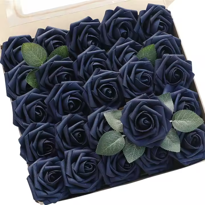 25pcs Flores Artificiales Náuticas Azul Oscuro Con Ramas Rosas Falsas Para Boda DIY Centros De Mesa De Baño De Novia - 1