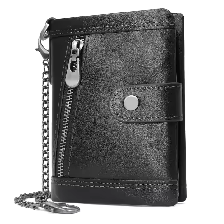 Cartera Hombre Billetera RIFD Bloqueo de Piel con Cremallera y 17 Ranuras para Tarjetas Monedero Pequeño con Cadena Cartera de Bolsillo - 1