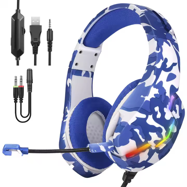 DAM Headset J10 Ultra-Flexible Premium .13 luces FULL RGB. Auriculares gaming con micro, conexión minijack para PC, portátil, PS4, Xbox One, móvil, tablet. 19x8x18 Cm. Color: Camuflaje Azul - 1