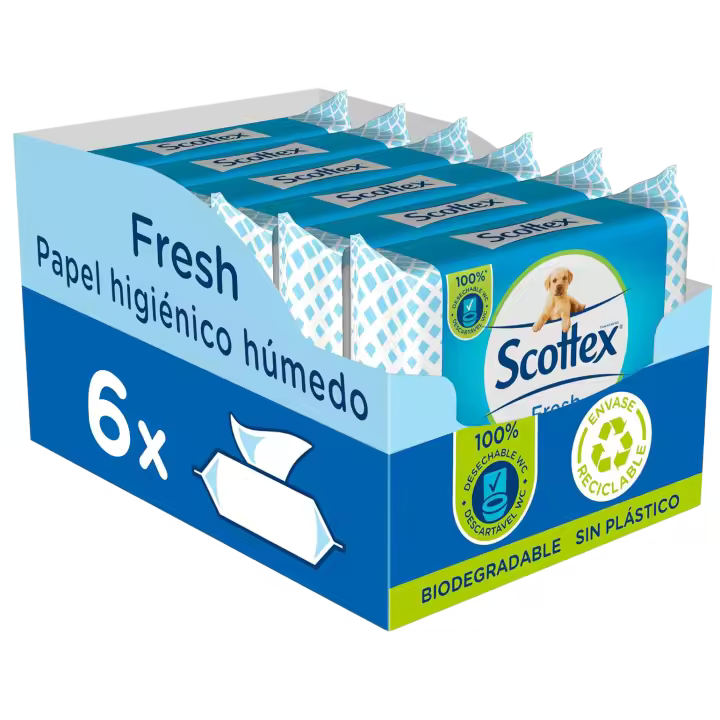 Scottex Papel Higiénico Húmedo Fresh con Agua Micelar y Vitamina E, Biodegradable y Sin Plástico | Toallitas Húmedas Desechables por WC | Múltiples Packs - 1