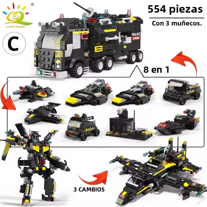 HUIQIBAO SWAT Camión De La Estación Policial Bloques De Construcción Modelo Para Niños Juguetes Educativos Helicóptero Y Coche De Figuras De La Ciudad - 1