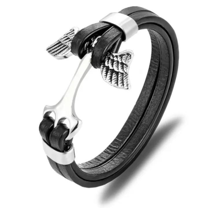 Pulsera Calavera Ángel de la muerte de Cuero y Acero Inoxidable para Hombre y Mujer de Piel Auténtica - 1