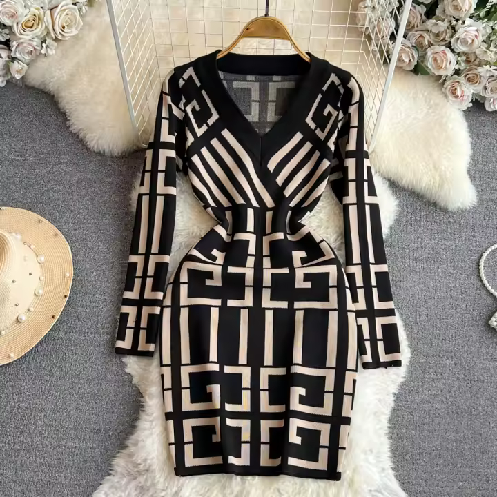 Vestido YuooMuoo Para Mujer Elegante Bodycon De Encaje Geométrico Con Manga Larga Estilo Y2K Para Otoño E Invierno Vestido De Oficina - 1