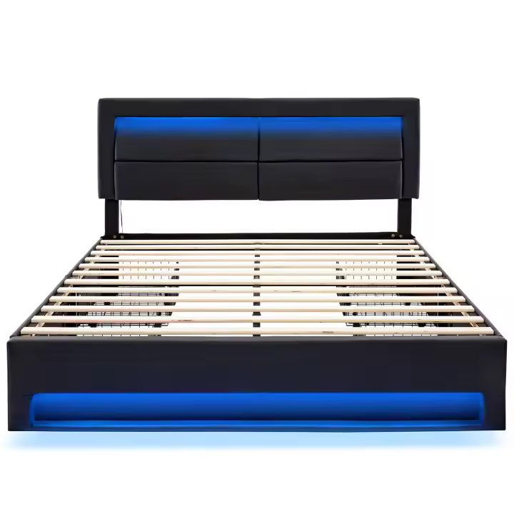 [Selección de Hogar🎁] Cama Tapizada 140x200 cm Negro - Patrón Lichi PU | Carga Eléctrica + USB, Iluminación LED Y 4 Cajones de Almacenamiento (Sin Colchón) - 1