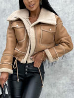 Chaqueta Motera De Cuero Sintético Para Mujer Con Cuello Acordonado De Peluche Vintage Chaqueta Moto Caliente De Invierno Outerwear - details 2