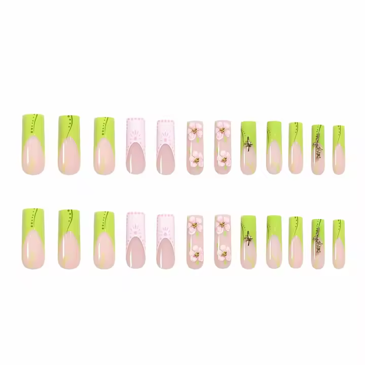 Uñas postizas cuadradas grandes con pegament verde, Diseño floral, Textura 3D, uñas acríicas de lujo con Je Dorado, 24 Unidades - 1