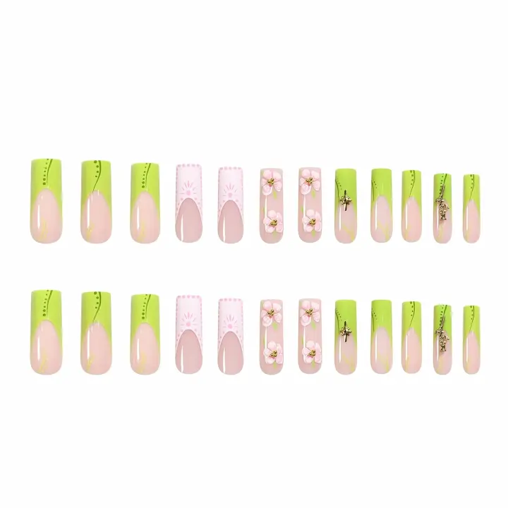 Uñas postizas cuadradas grandes con pegament verde, Diseño floral, Textura 3D, uñas acríicas de lujo con Je Dorado, 24 Unidades - 1
