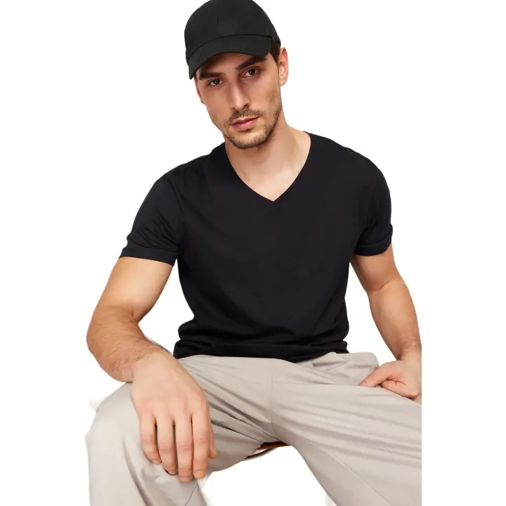 Trendyol Black Regular/Normal Cut V-Neck Basic 100% Cotton T-Shirt Tmnss24Ts00084 - 1