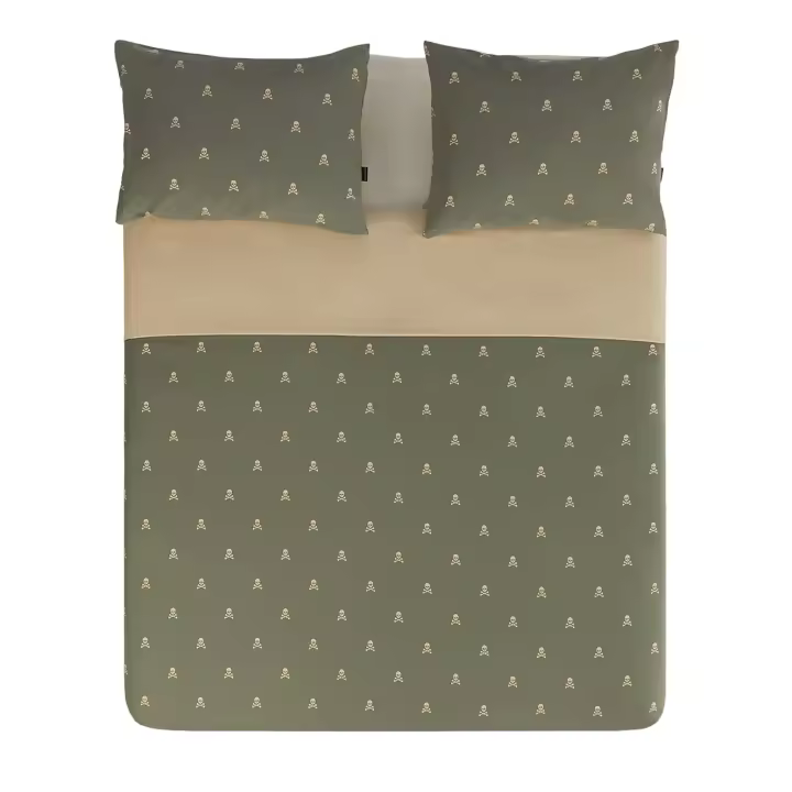 Scalpers Home Set de Cama con Funda Nórdica y Almohadas - Algodón 100%, Beige & Khaki Calaveras, 250x230cm funda, 50x85cm almohada - 1