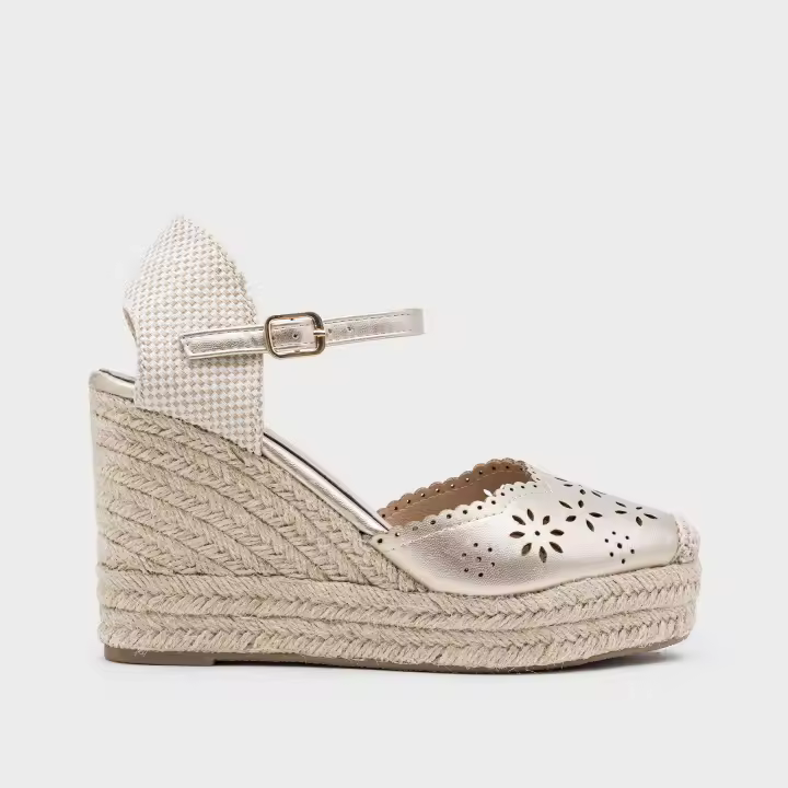 Cuñas de Esparto con Detalles Calados, Alpargata de Cuña de Yute con Hebilla para Verano, Sandalias de alpargatas de cuña alta con aberturas florales, Boho Chic - 1
