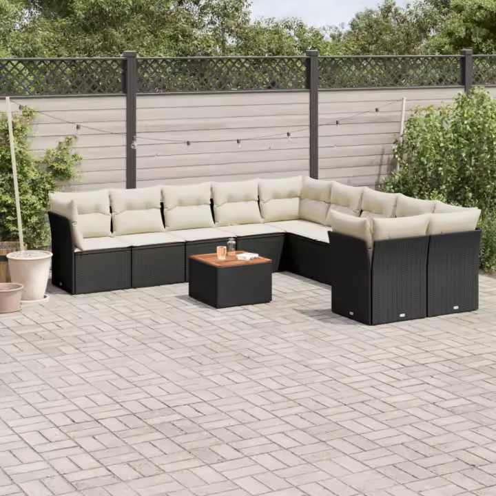vidaXL Set de sofás de jardín 11 pzas y cojines ratán sintético negro - 1