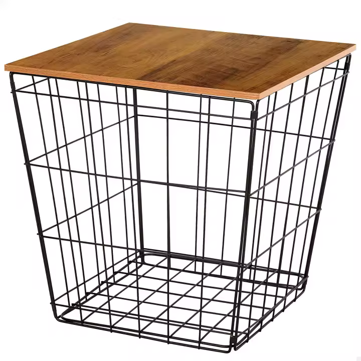 Max Home - Mesa auxiliar cuadrada, tapa efecto madera, almacenaje, estructura metálica negra, líneas geométricas, estilo industrial, decoración, para salón, dormitorio, baño - 1
