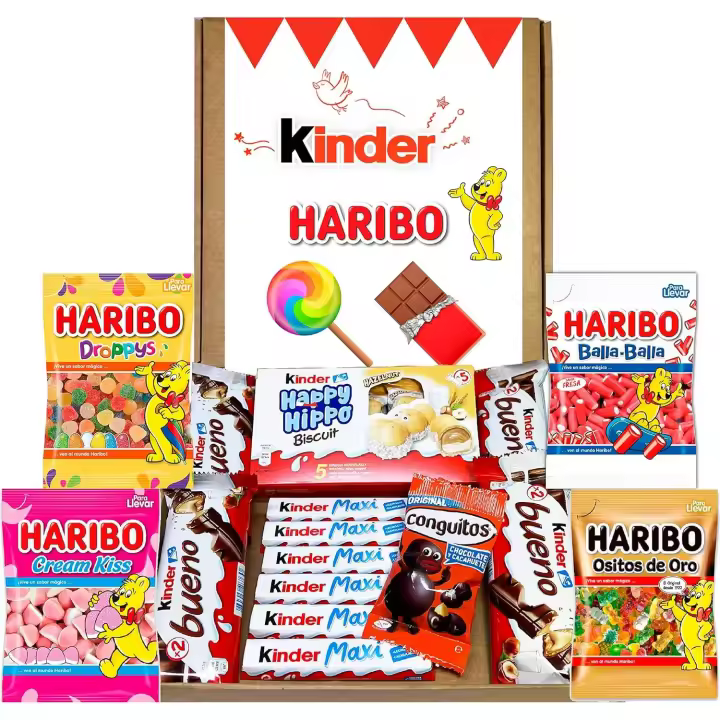 Lote Chocolates Kinder y Gominolas Haribo Regalo Cumpleaños. La Caja Contiene Chocolates Kinder y 4 Bolsas de Chuches Haribo de Cumpleaños. Kinder Bueno, Kinder Chocolate, Kinder Hippo y Conguitos. Caja Regalo WikiMark. - 1