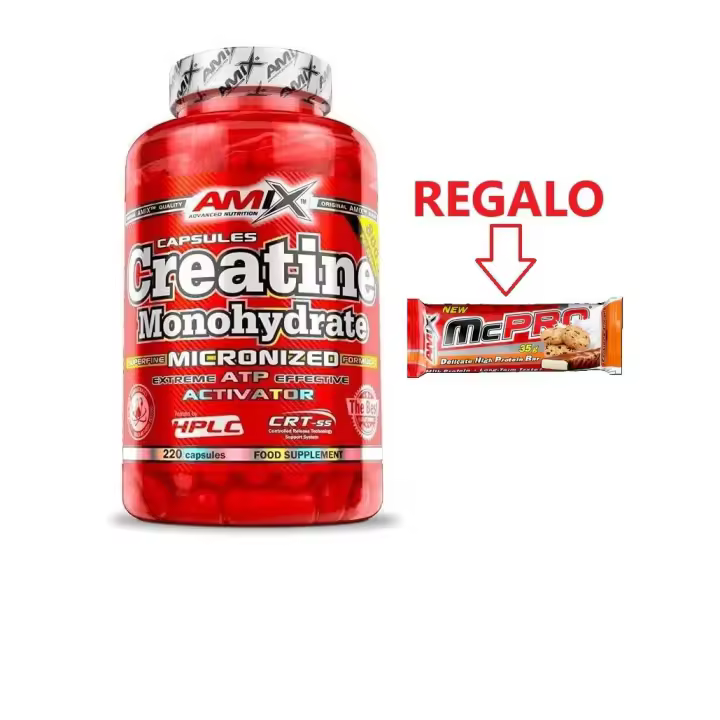 Creatina Monohidratada Amix Nutrition - 220 Cápsulas+BARRITA PROTEICA REGALO para Mejorar el Rendimiento Físico y Energía Muscular Natural - 1