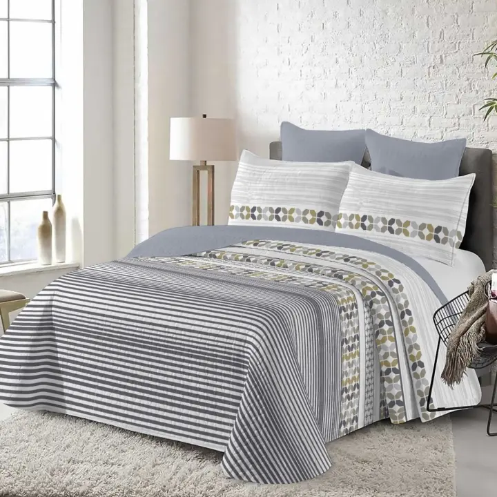 Juego de Cama (Colcha Reversible Geométrica + 2 Fundas) - Diseño Discreto de Lujo con Estampado Abstracto | Tejido Premium Antiarrugas, Ideal Estilos Modernos/Contemporáneos + Lavado Fácil - 1