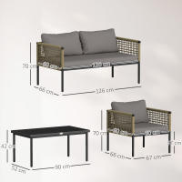 Outsunny Conjunto de Jardín Exterior de Ratán Sintético de 4 Piezas Muebles de Jardín Exterior Incluye 1 Sofá Doble 2 Sillones y Mesa de Centro con Cojines Natural y Gris - details 2