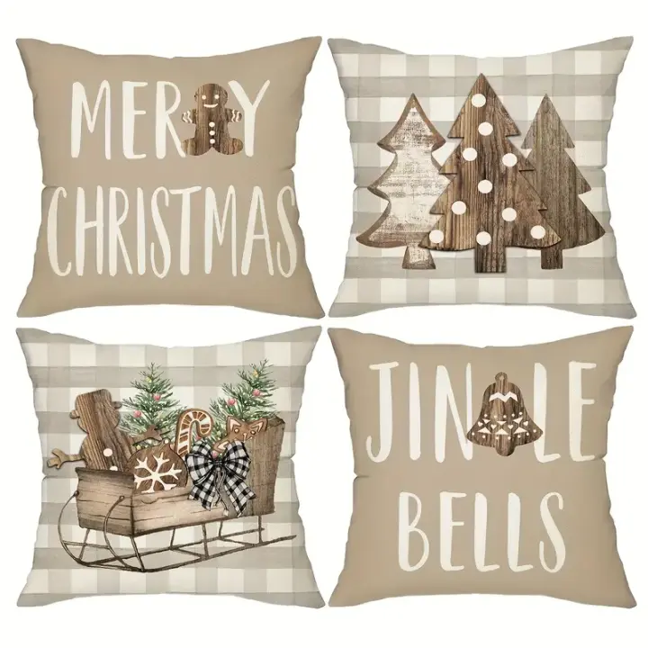Navidad 4PC Throw Pillow Cover Set-Árbol de madera vintage, trineo de nieve y diseños de Feliz Navidad-Fundas de cojín festivo para sofá, sofá y decoración de dormitorio-45x45 cm, cierre de cremallera, lavar a mano - 1