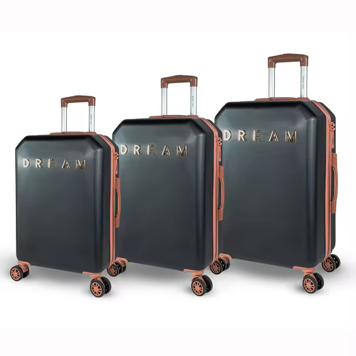 DreamTravel Juego de 3 Maletas con Letras Doradas y Diseño Poligonal (20"+24"+28") - Equipaje Rígido de Policarbonato Antiarañazos, 5 Colores Elegantes (Negro/Gris/Celeste/Rosa/Blanco) | 360° Ruedas Dobles Silenciosas + Cerradura TSA- Ideal para Viajes - 1